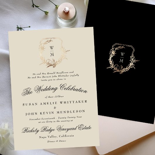 Invitation Mariage de couronne d'or de monogramme noir et crè