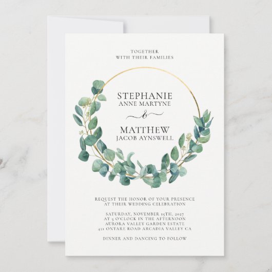 Invitation Mariage de couronne d'or Eucalyptus Foliage Feuill (Devant)