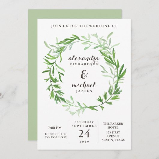 Invitation Mariage de couronne Feuille vert (Devant / Derrière)