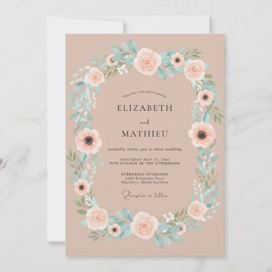 Invitation Mariage de Couronne Fleurie Rose Pêche (Devant)