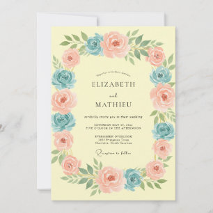 Invitation Mariage de couronne florale bleue pêche