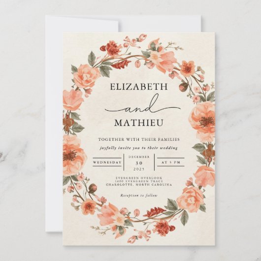 Invitation Mariage de couronne florale de corail (Devant)
