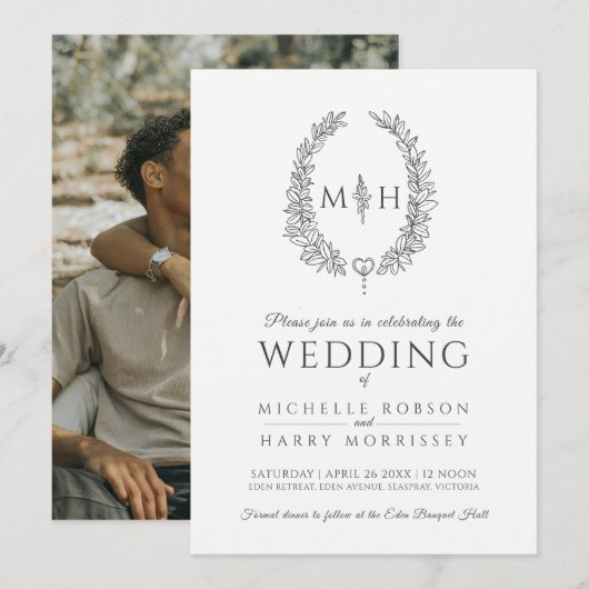 Invitation Mariage de couronne ovale feuille fusain gris phot (Devant / Derrière)