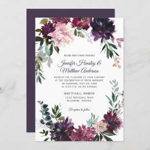 Invitation Mariage de couronne rouge floral violet rustique