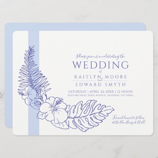 Invitation mariage de couronne tropicale bleue (Devant / Derrière)