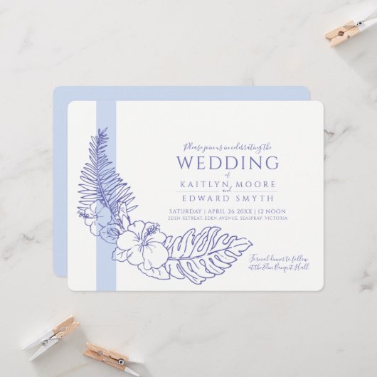 Invitation mariage de couronne tropicale bleue (Devant/Arrière en situation)