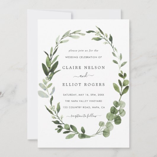 Invitation Mariage de couronne verte d'Eucalyptus (Devant)