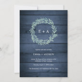 Invitation Mariage de couronnes bleu marine en bois rustique (Devant)