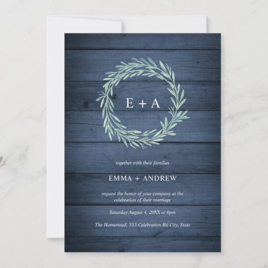 Invitation Mariage de couronnes bleu marine en bois rustique (Devant)