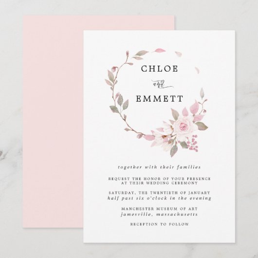 Invitation Mariage de couronnes de rose boho moderne (Devant / Derrière)
