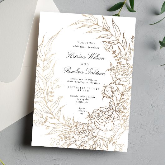 Invitation Mariage de couronnes florales blanc et or haut de 