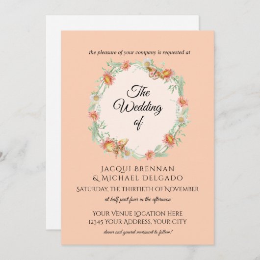 Invitation Mariage de couronnes florales de Papillon à pinte (Devant / Derrière)