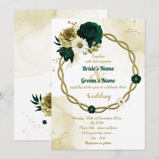 Invitation Mariage de couronnes florales en ivoire vert émera (Devant / Derrière)