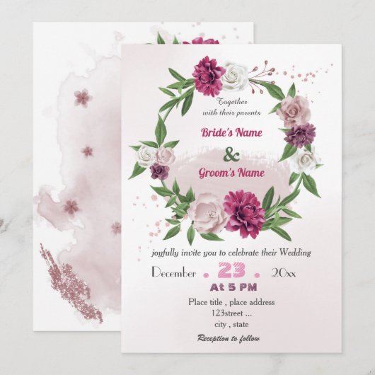 Invitation mariage de couronnes florales romantique mauve ros (Devant / Derrière)