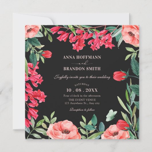 Invitation Mariage de couronnes florales rouge noir (Devant)