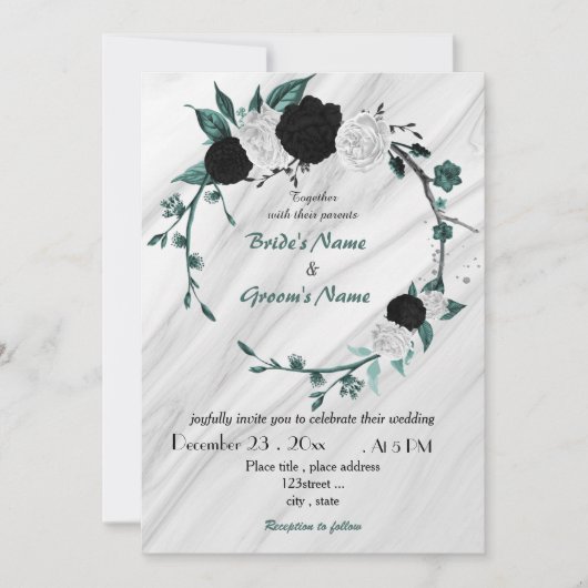 Invitation mariage de couronnes turquoise bleu blanc et noir (Devant)