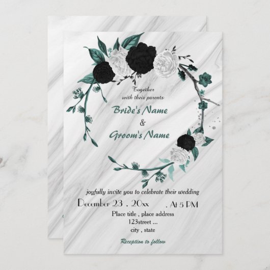 Invitation mariage de couronnes turquoise bleu blanc et noir (Devant / Derrière)