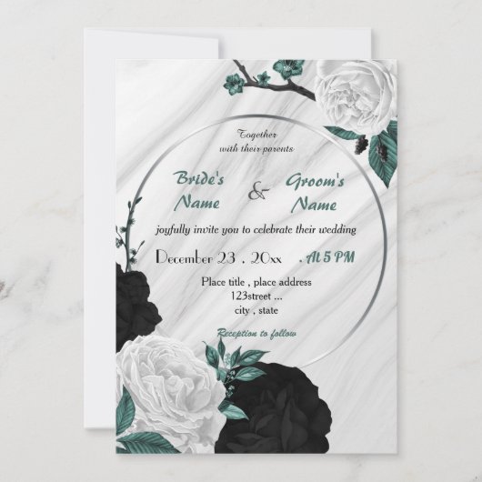 Invitation mariage de couronnes turquoise bleu blanc et noir (Devant)