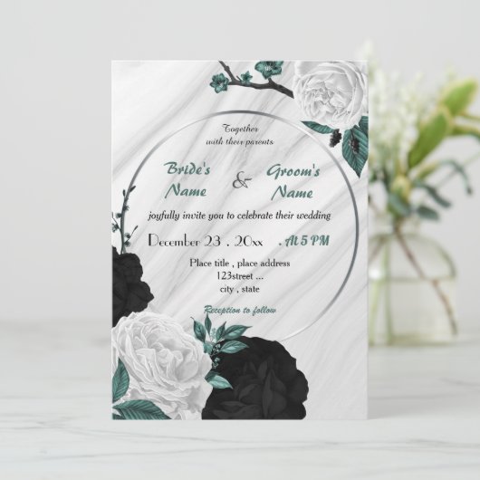 Invitation mariage de couronnes turquoise bleu blanc et noir (Debout devant)