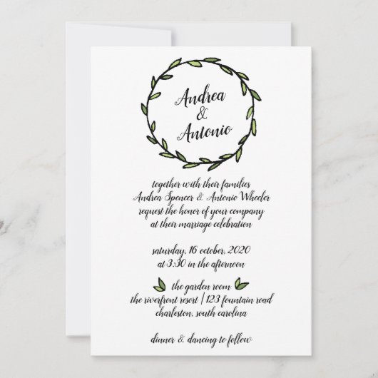 Invitation Mariage de couronnes vertes rustiques (Devant)