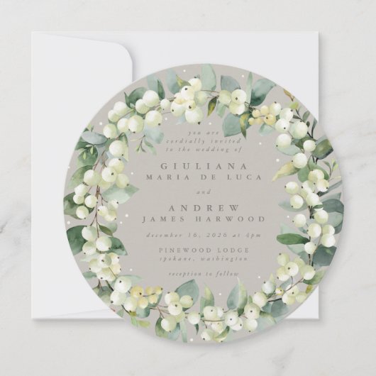 Invitation Mariage de courroie ronde Greige Snowberry+Eucalyp (Devant)