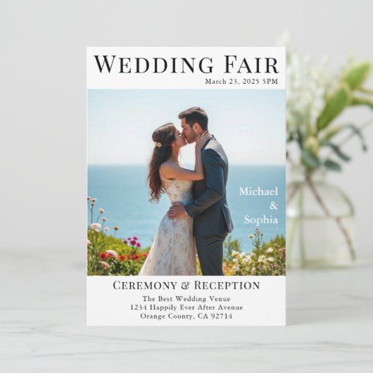 Invitation Mariage de couverture de magazine à la plage (Debout devant)