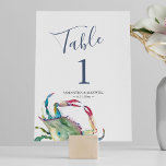 Invitation Mariage de crabe côtier Numéro de tableau<br><div class="desc">Conçue pour coordonner avec la suite de papeterie mariage pour le crabe côtier Do Tell A Belle, cette carte de numéro de table de mariage de plage présente mon crabe d'aquarelle d'origine dans les tons rouge, bleu, turquoise et vert avec votre numéro de table, les noms et la date du...</div>