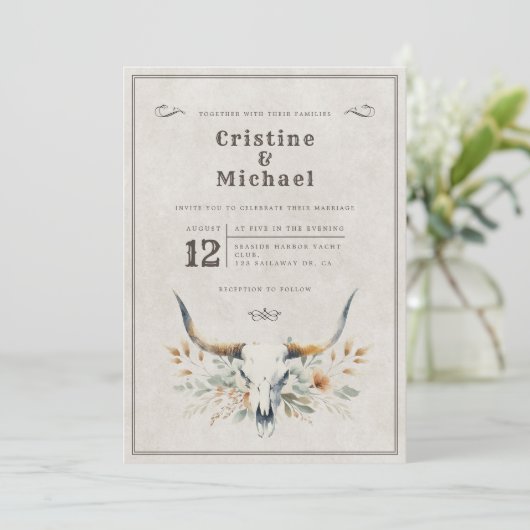 Invitation Mariage de crâne à long vertige rustique (Debout devant)