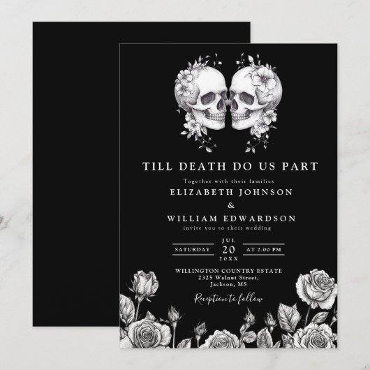 Invitation Mariage de crânes floraux gothiques noirs et blanc (Devant / Derrière)
