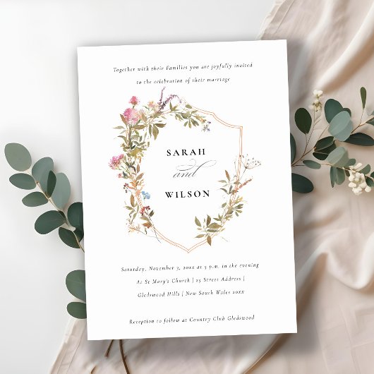 Invitation Mariage de crête Fleur sauvage rose rose chic