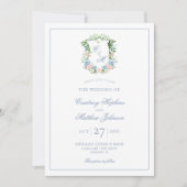 Invitation Mariage de crête florale bleu poussiéreux (Devant)