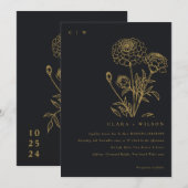 Invitation Mariage de croquis floral Marigold noir et or (Devant / Derrière)