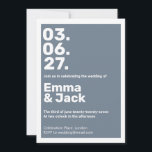 Invitation Mariage de date verticale bleu moderne<br><div class="desc">Ce faire-part de mariage élégant présente un design de date vertical audacieux en blanc immaculé sur un arrière - plan bleu ardoise, associé à une typographie moderne pour un look élégant et contemporain. Parfait pour les couples à la recherche d'une esthétique minimaliste et d'un côté graphique. Idéal pour les mariages...</div>
