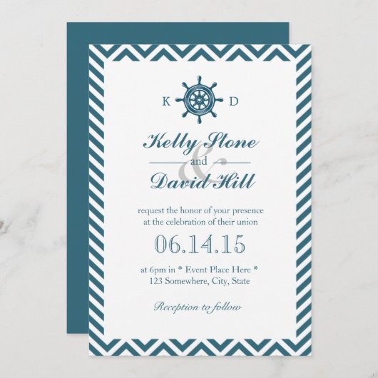 Invitation Mariage de de cravate bleu Chevron (Devant / Derrière)