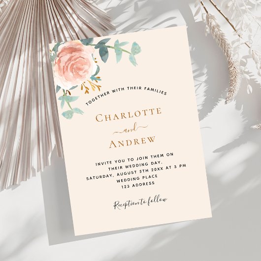 Invitation Mariage de de verdure rose doré beige