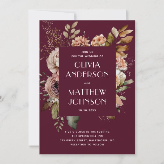 Invitation Mariage de Deep Merlot | Floral Bourgogne Plum QR  (Devant)