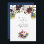 Invitation Mariage de dégustation de vin Peacock de la Bourgo<br><div class="desc">Bordo branché - marsala et bleu marine vin de la faire-part de mariage paon avec des accents de bleu poussiéreux, rose roux, prune et or rose avec forêt sauvage de la végétation eucalyptus. Idéal pour un thème ou un mariage de jardin. Le code QR au verso dirige vers votre site...</div>