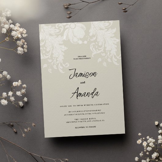 Invitation Mariage de dentelle blanche neutre rustique