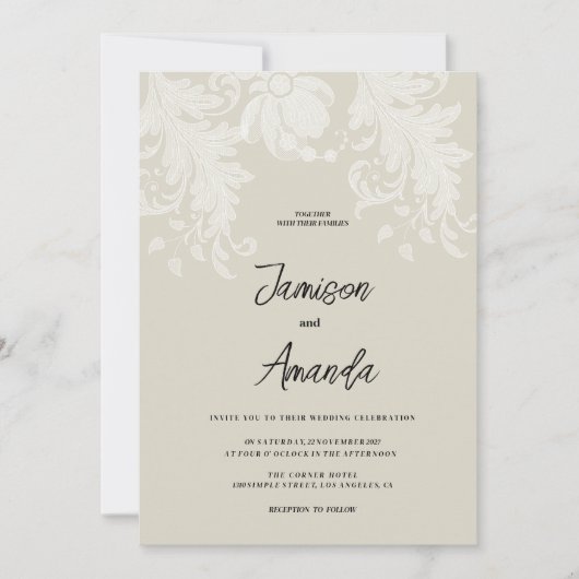Invitation Mariage de dentelle blanche neutre rustique (Devant)