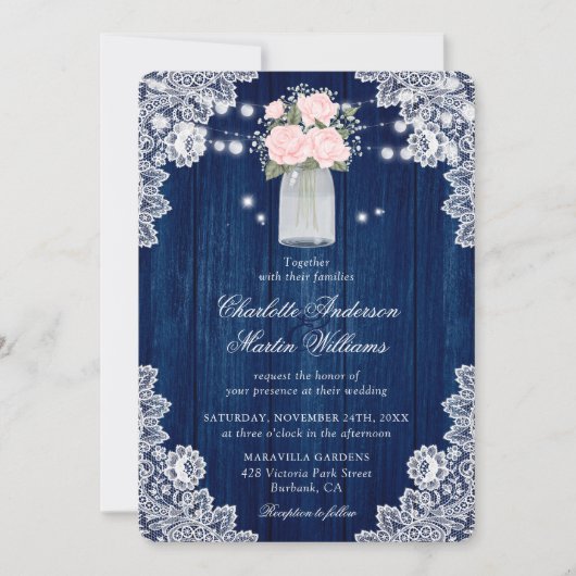 Invitation Mariage de dentelle bleu et blanc de la marine rus (Devant)