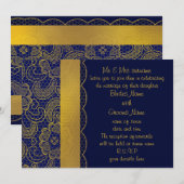 Invitation Mariage de dentelle bleu et or de la Marine (Devant / Derrière)