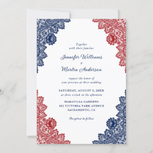 Invitation Mariage de dentelle bleu et rouge de la marine rus