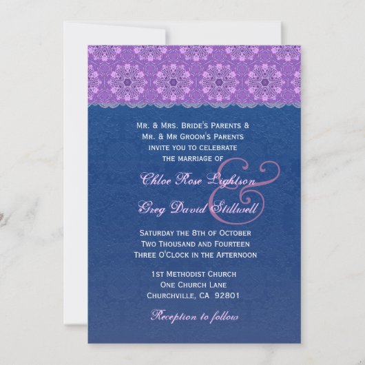 Invitation Mariage de dentelle bleu et violet de la Marine F3 (Devant)