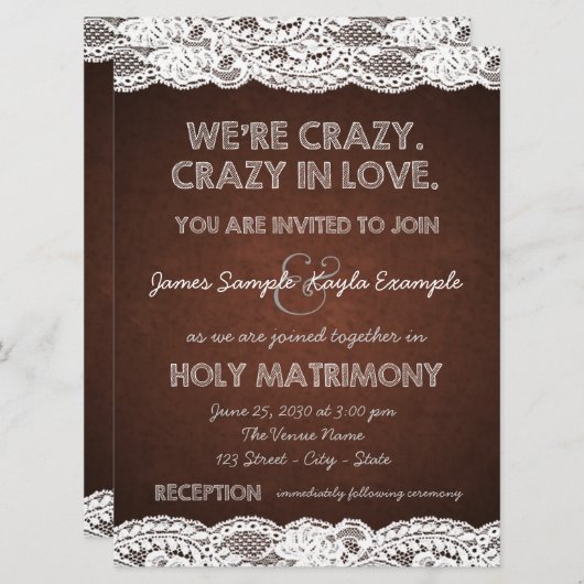 Invitation Mariage de dentelle Brown et blanc rustique (Devant / Derrière)