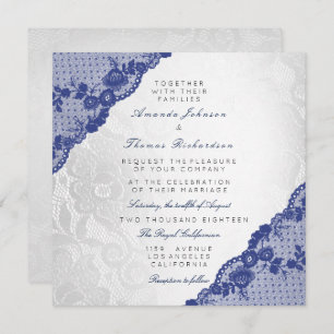 Invitation Mariage de dentelle classique Silver White Marine