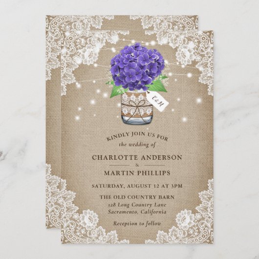 Invitation Mariage de dentelle d'Hydrangea Burlap violet rust (Devant / Derrière)