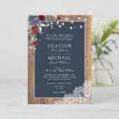 Invitation Mariage de dentelle en bois bleu Bourgogne (Debout devant)