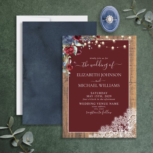 Invitation Mariage de dentelle en bois bleu Bourgogne