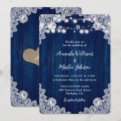 Invitation Mariage de dentelle en bois bleu de la marine russ (Devant / Derrière)