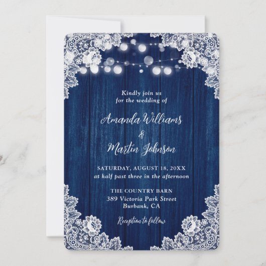 Invitation Mariage de dentelle en bois bleu de la marine russ (Devant)